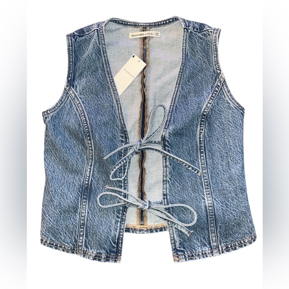 NWT Abercrombie Fitch Tie Front Denim Vest Jean Bows Open Front V Neck XXS Fall - Picture 4 of 15
